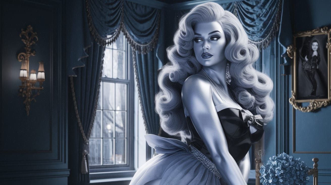 Ghostly 1950s Pin-Up in Blue: Gothic Photorealism
