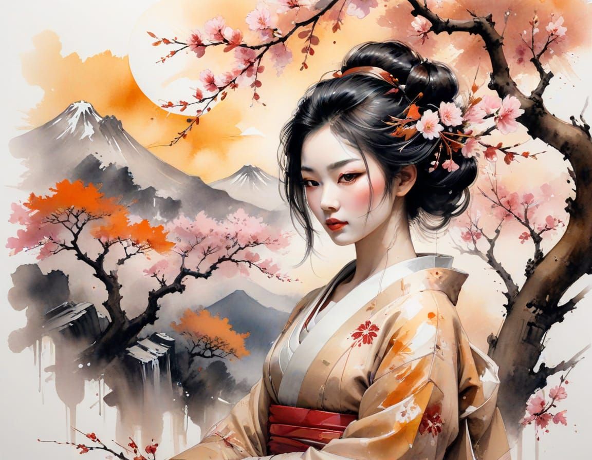Geisha at Sunset: Watercolour with Calligraphic Linework