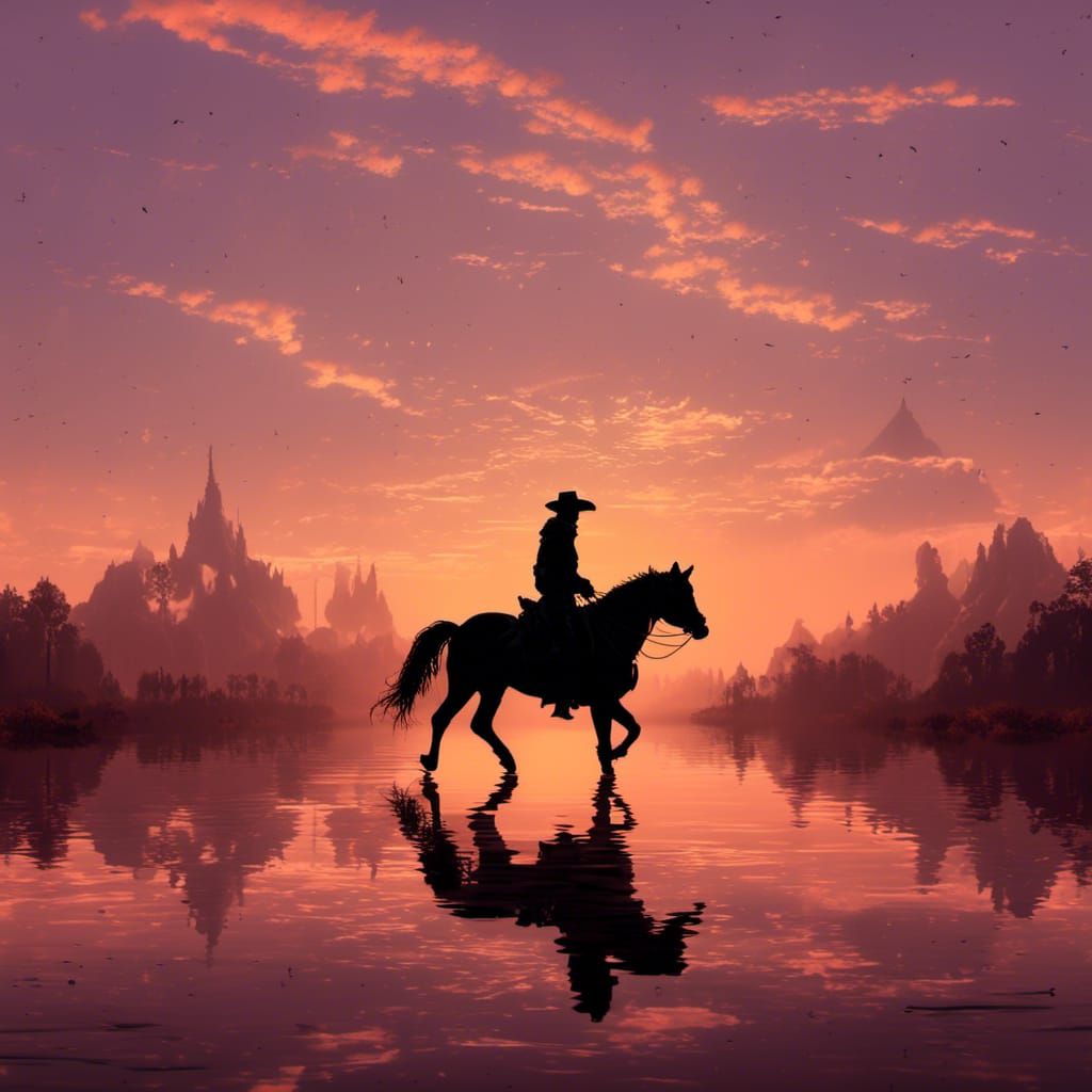 Cowboy Silhouette Riding into a Fiery Sunset