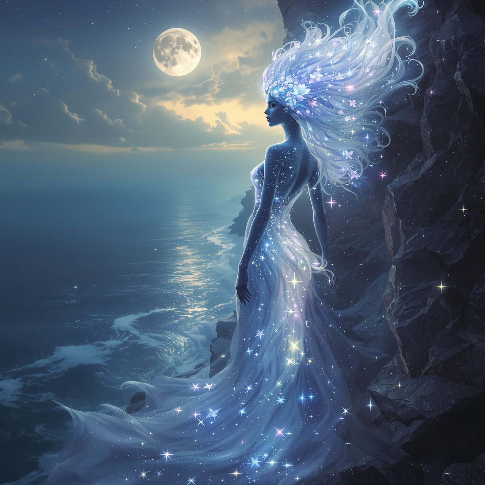 Celestial Woman on Obsidian Cliff Under Twin Moons