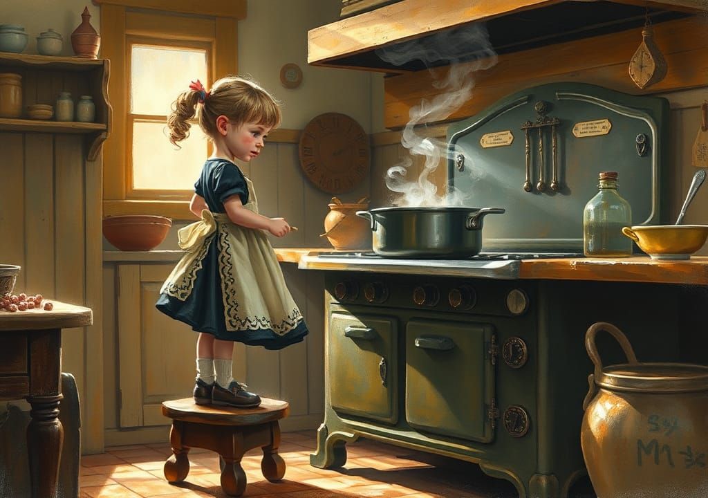 Girl Cooking Pudding: Expressive and Mystical Illustration