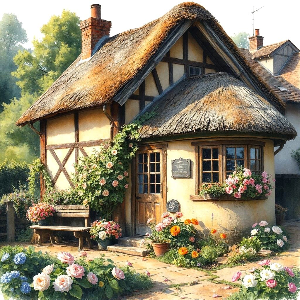 Charming Thatched Hut in Watercolor Flower Garden