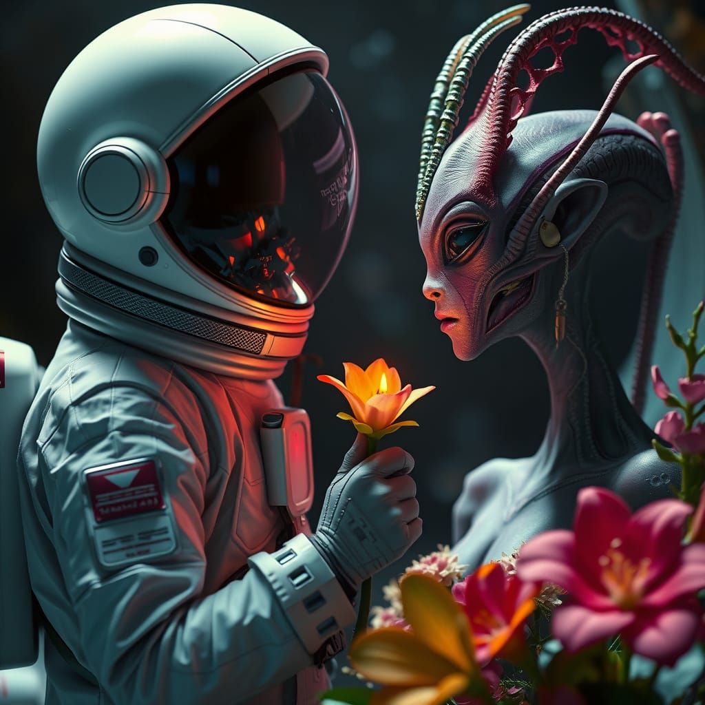 Astronaut Offers Alien Flower in Vibrant Colors