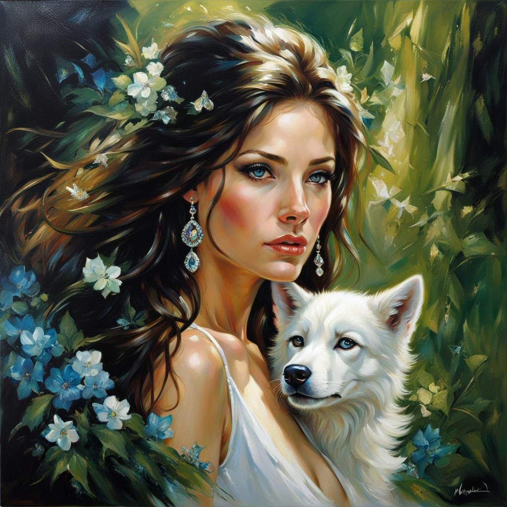 Brunette with Wolf Portrait in Painterly Style