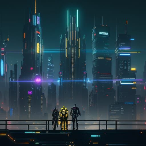 Cyberpunk Cityscape with Androids in Steampunk Style