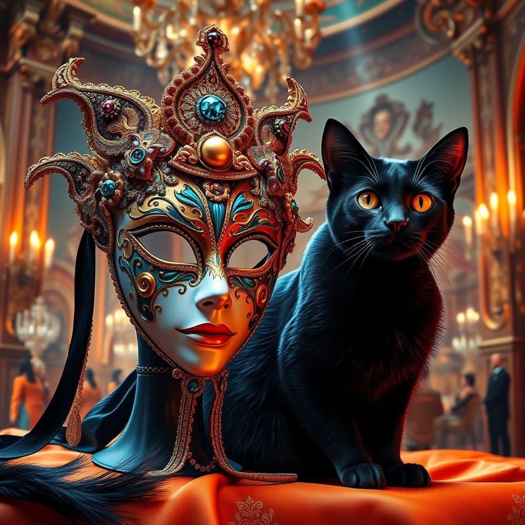 Black Cat and Venetian Mask at Lavish Ball