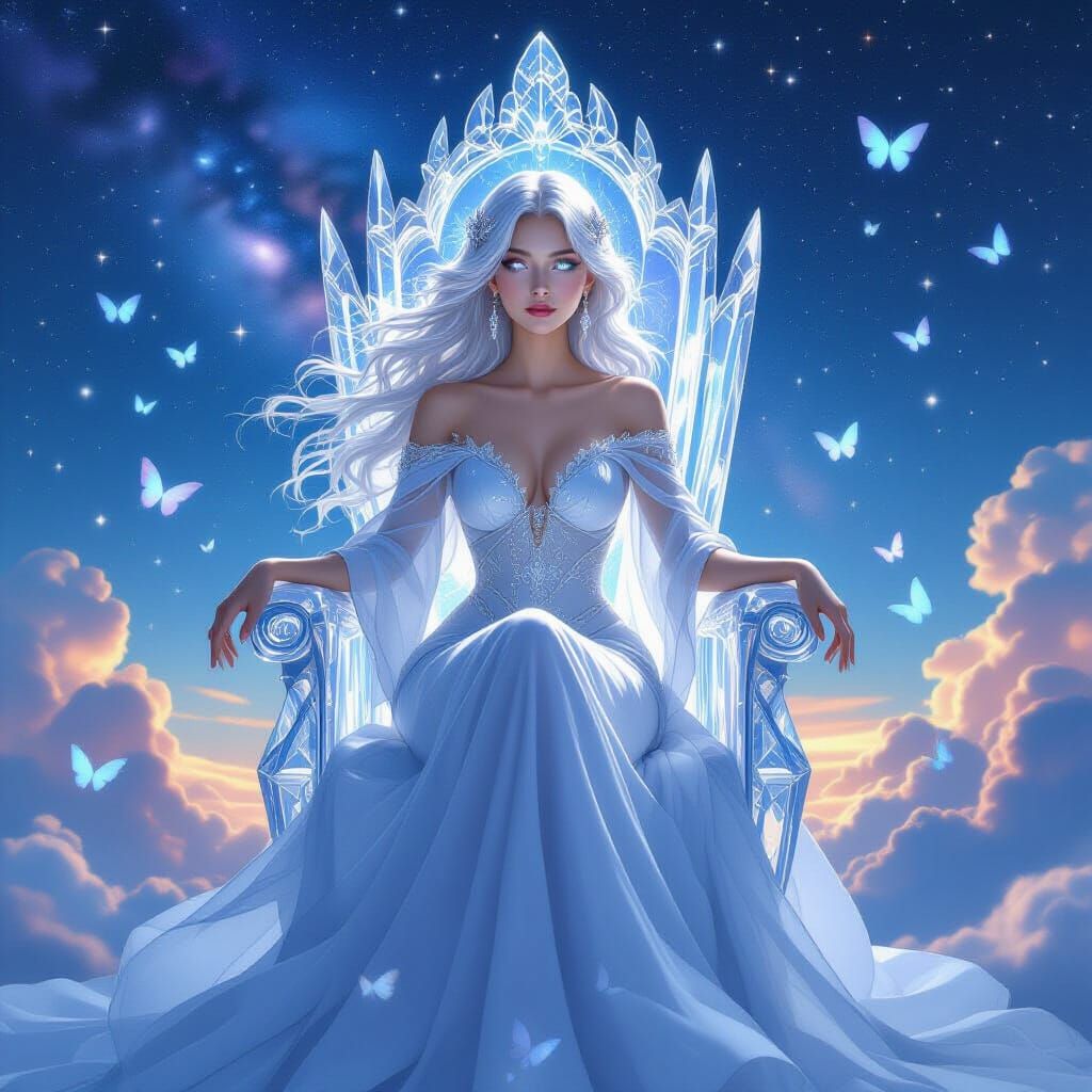 Ethereal Goddess on Crystal Throne in Starry Sky