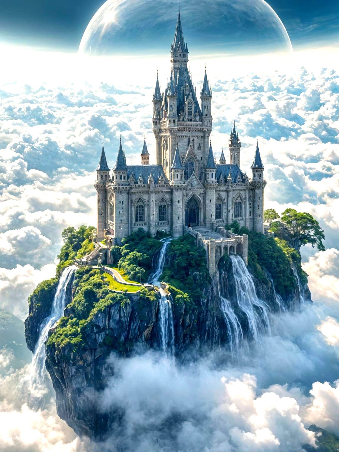Majestic Castle on Floating Island Above Clouds