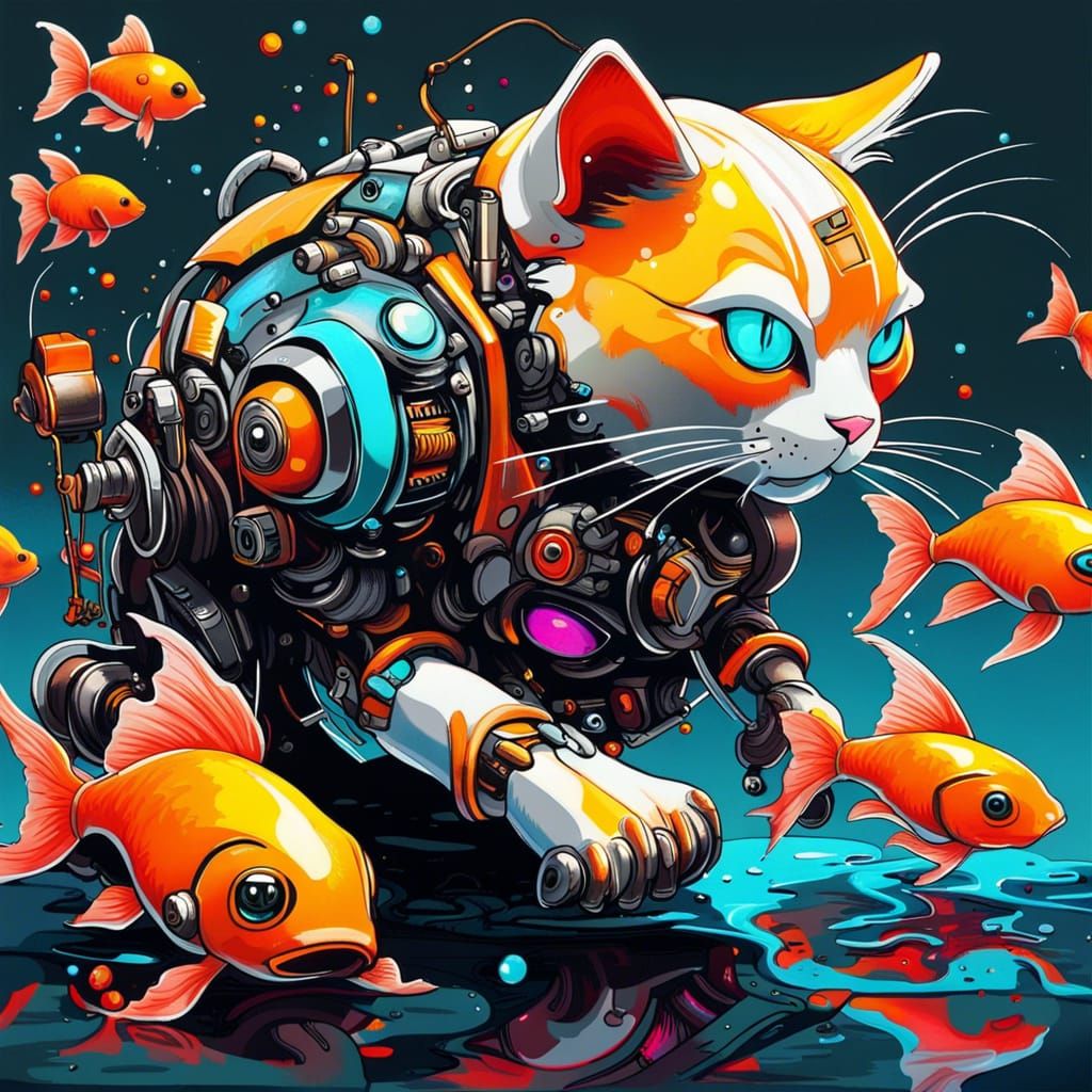 Robo-Kitty with his squad of Robo-Goldfish