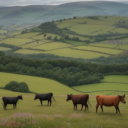 Panoramic view. Herefrdshire cattle brazing in the Golden Valley, a wild, untamed place, carved between two river valley...