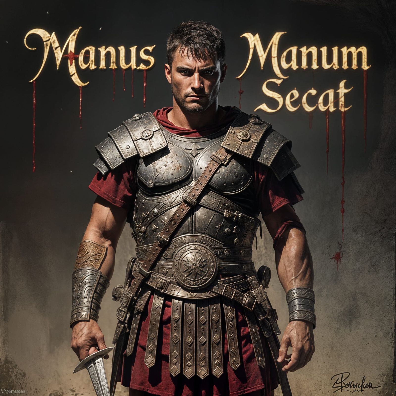 Ancient Roman Soldier with 'Manos Manum Secat' Design