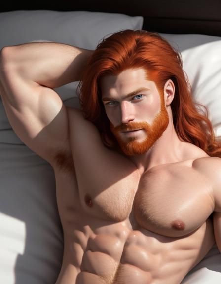 Handsome ginger man in bed