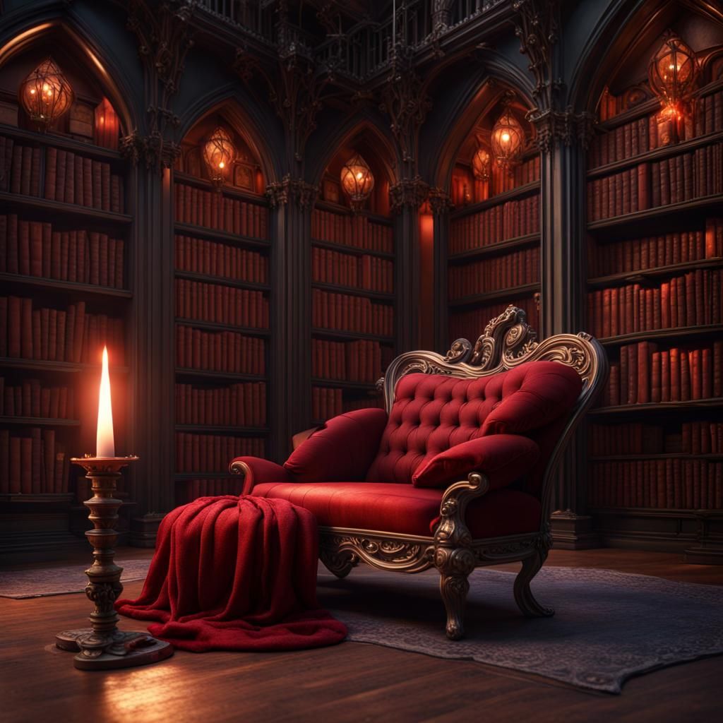 Gothic Library with Red Rose, Detailed Matte Painting