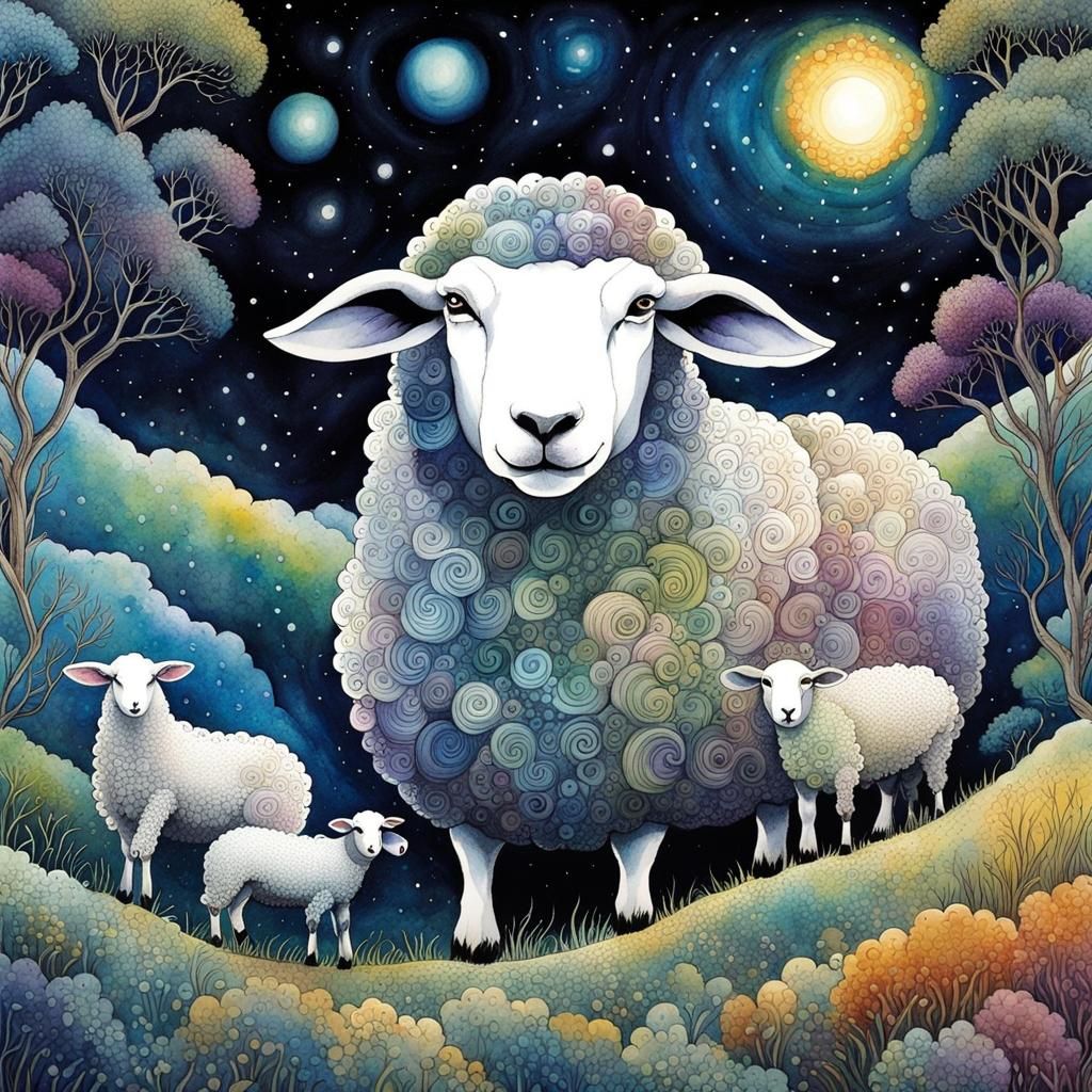 Sheep's Dream in Surreal Watercolor Style