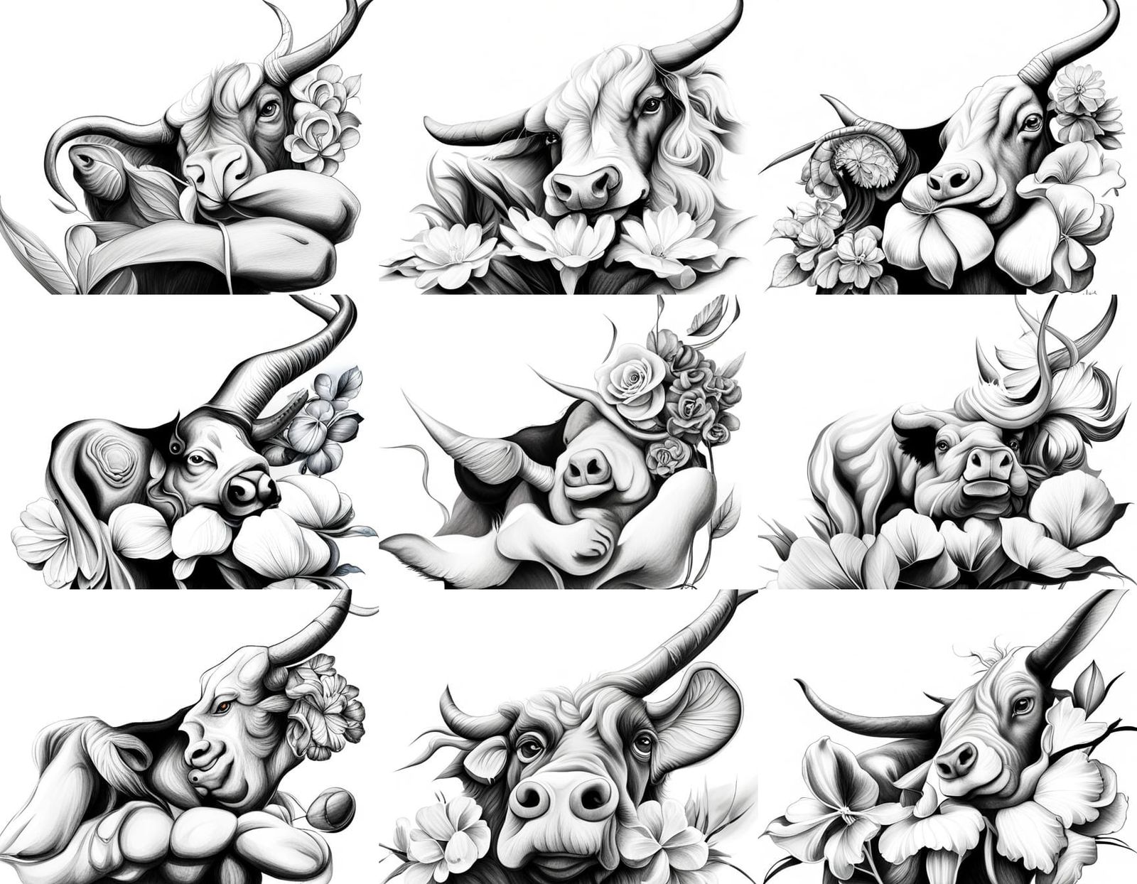 Bull Smelling Flower Tattoo Design in Charcoal
