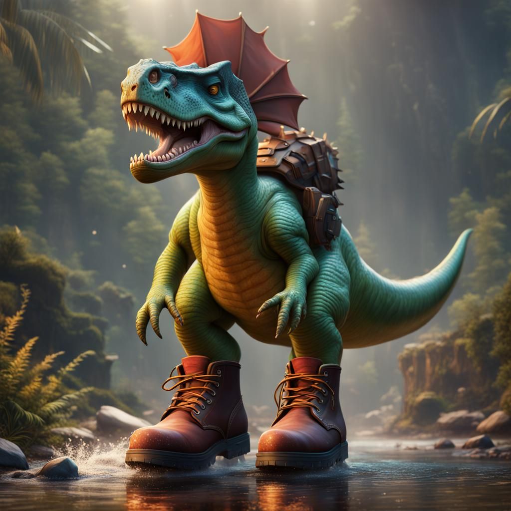 Dinosaur in Rubber Boots: Detailed Matte Painting
