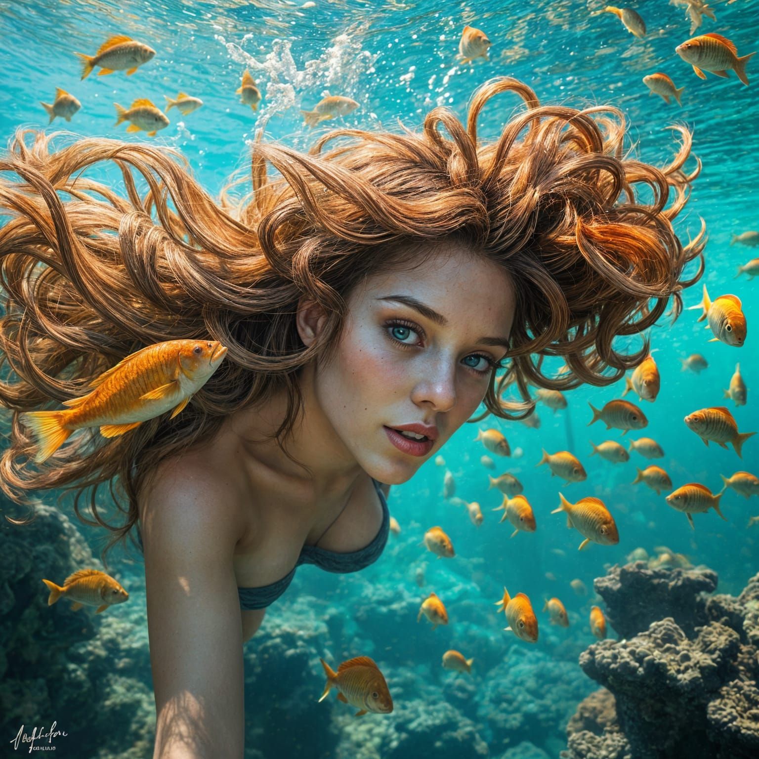 Hyperrealistic Mermaid Dives with Colorful Fish