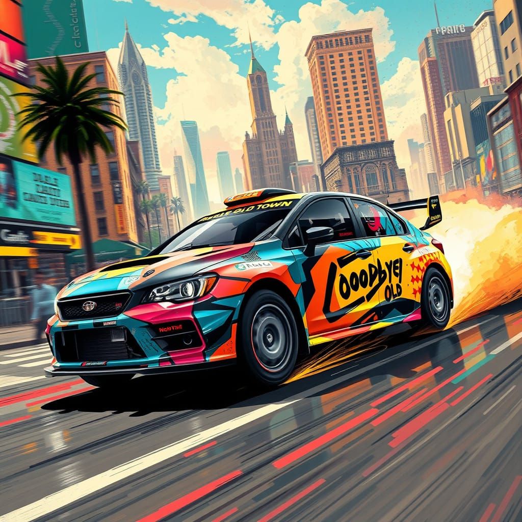 Rally car wrapped in "goodbye old town" artwork
