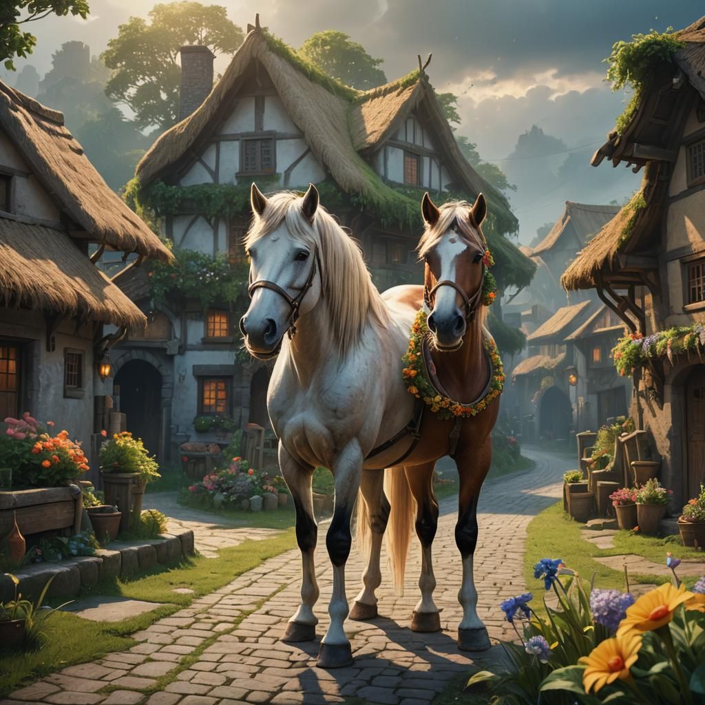 Horse in Misty Village: Fantasy Concept Art