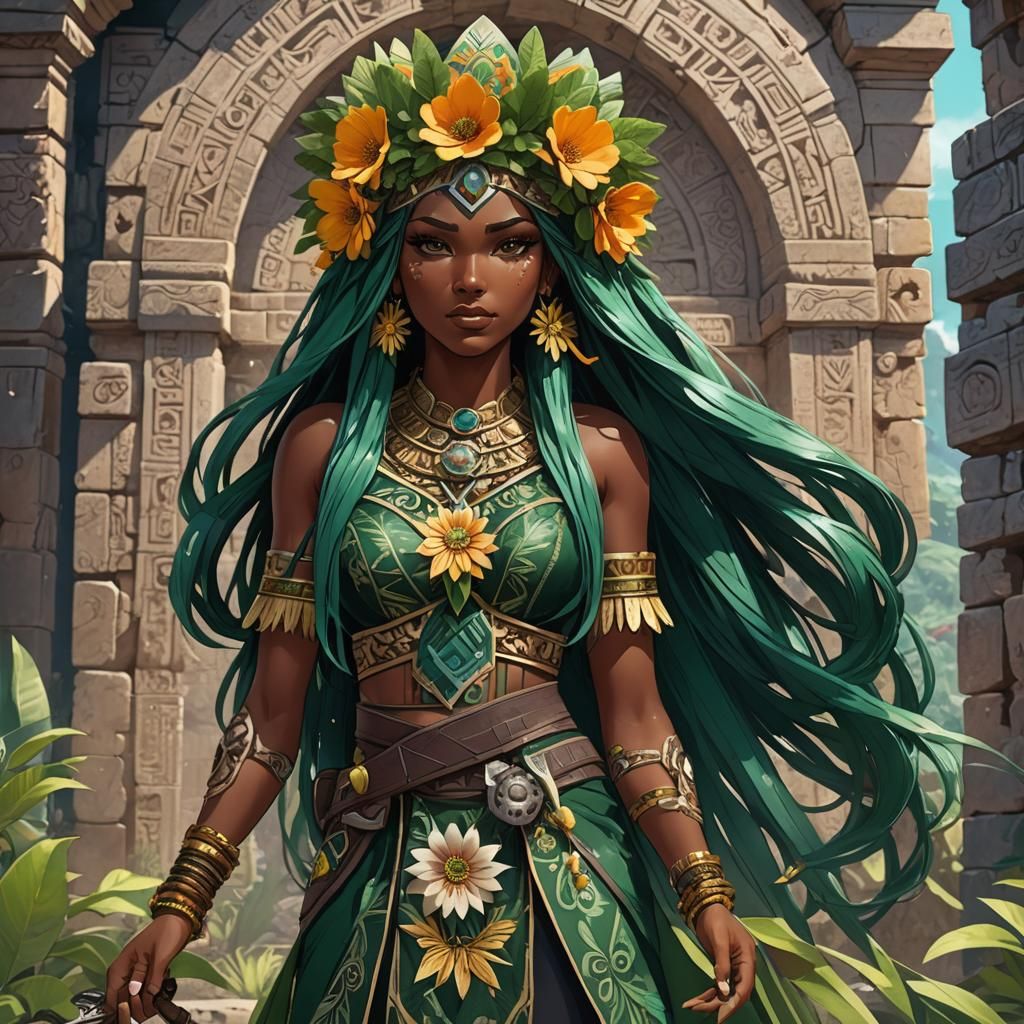 Latina Anime Girl with Obsidian Sword in Mesoamerica