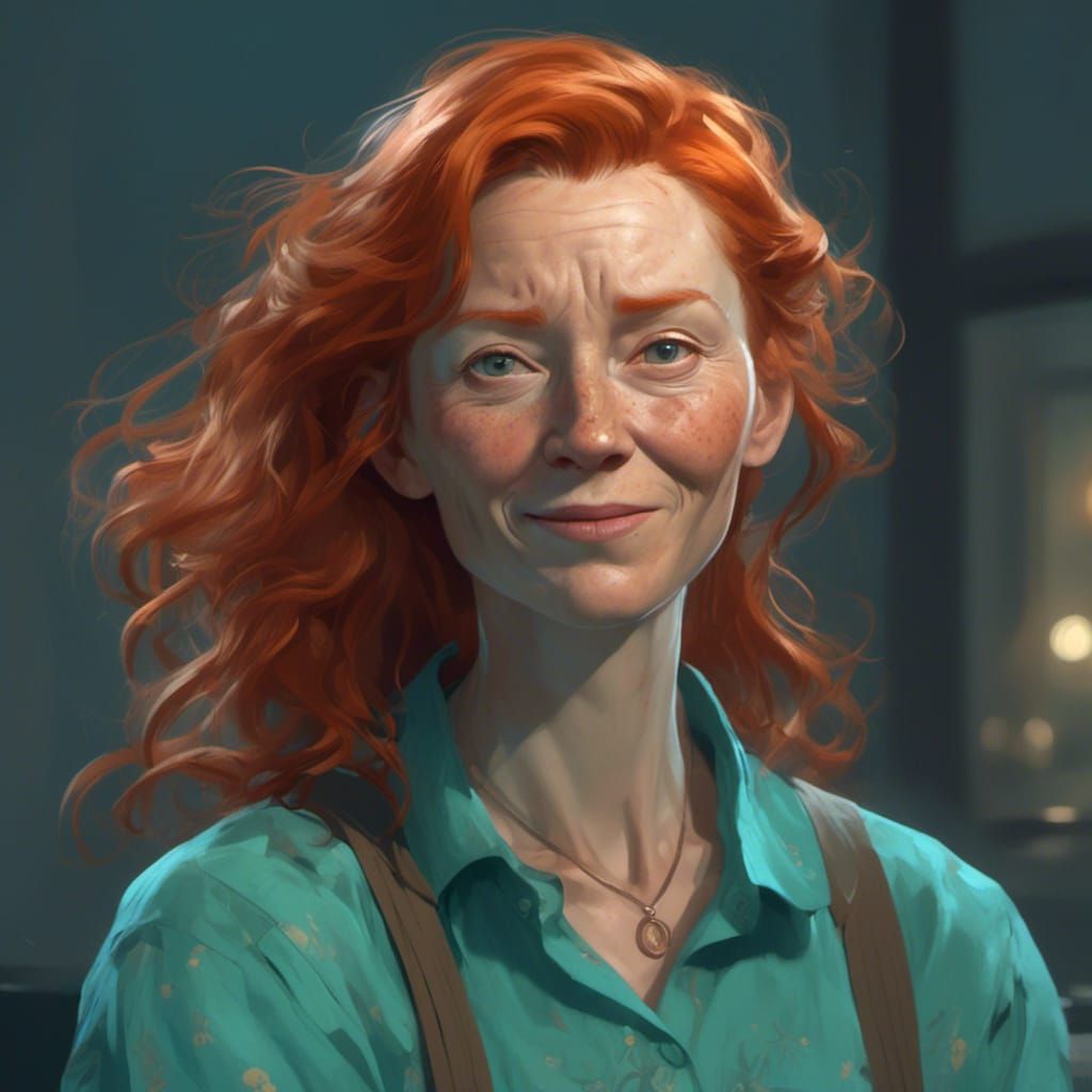 Stressed Ginger Mom Portrait in Hyperdetailed Style