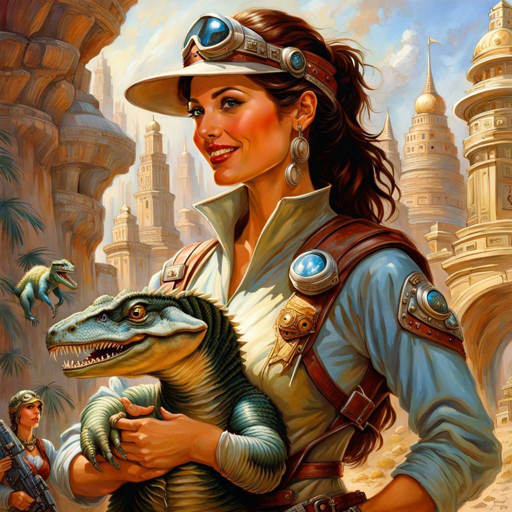 Dinotopia Scene of Adventurer with Baby Dinosaur