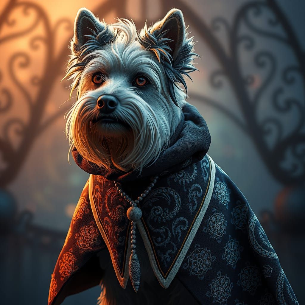 Dandie Dinmont Terrier in Celtic Embroidered Cloak