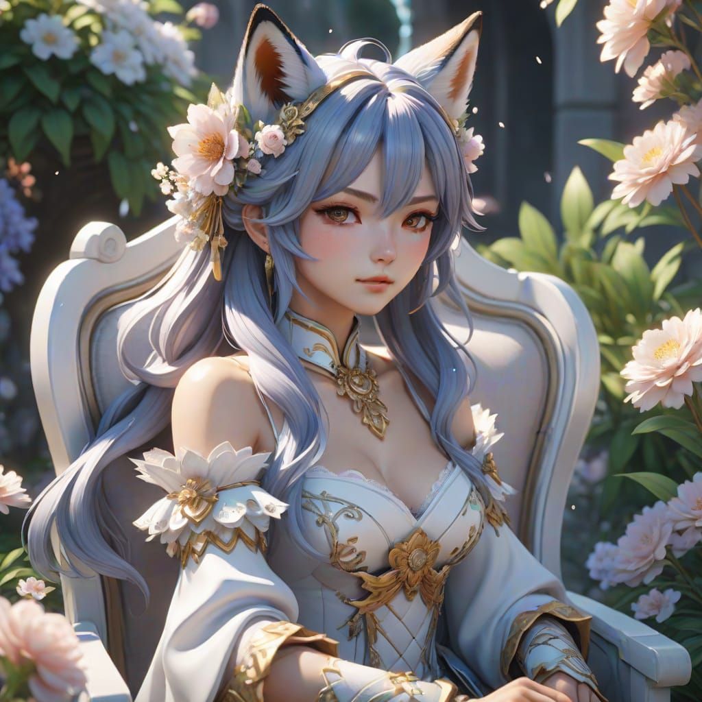 Elegant Fox Girl in Flower Garden: 3D Anime Art