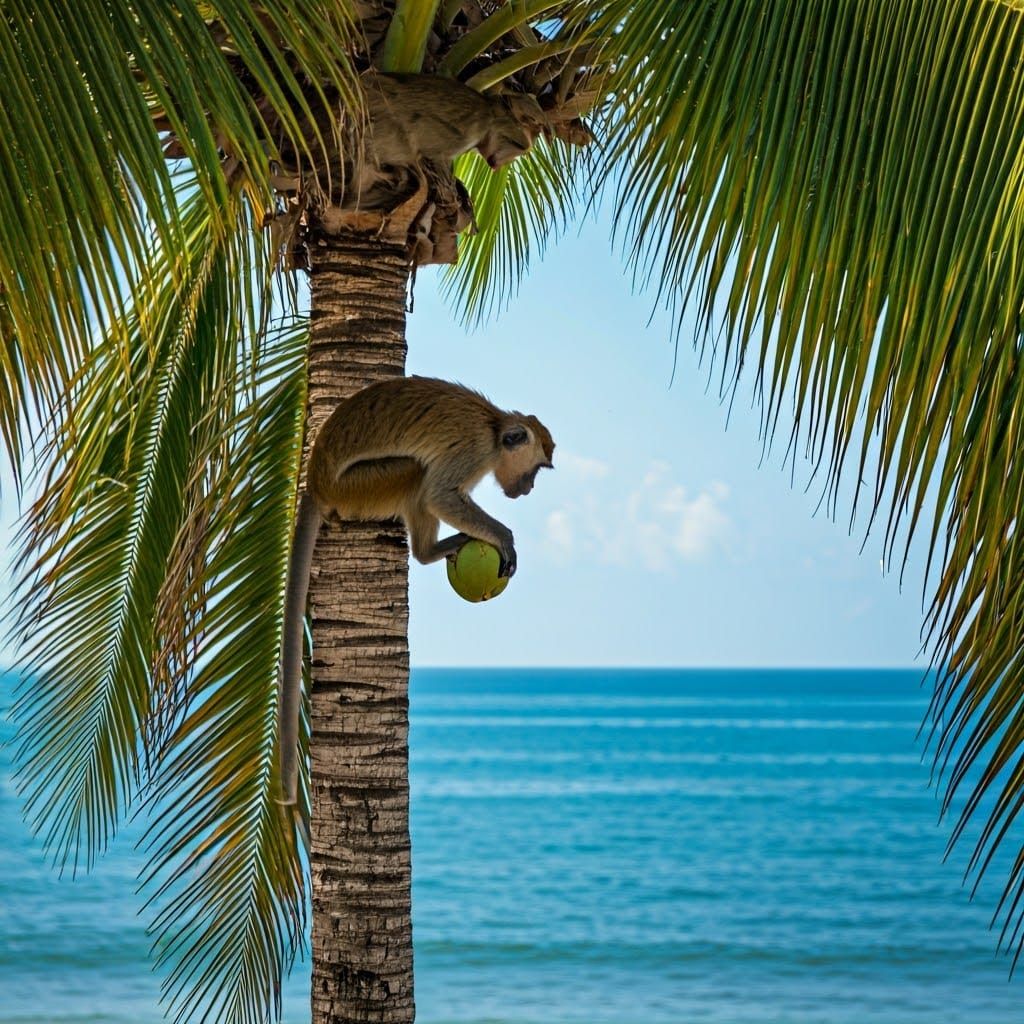 Palm Tree with Monkeys and Coconuts by the Ocean