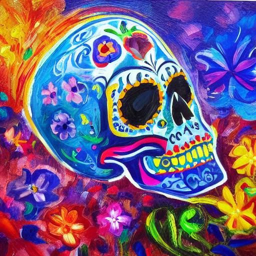 Sugar Skull Skeleton with Flowers, Impressionist Oil Paintin...