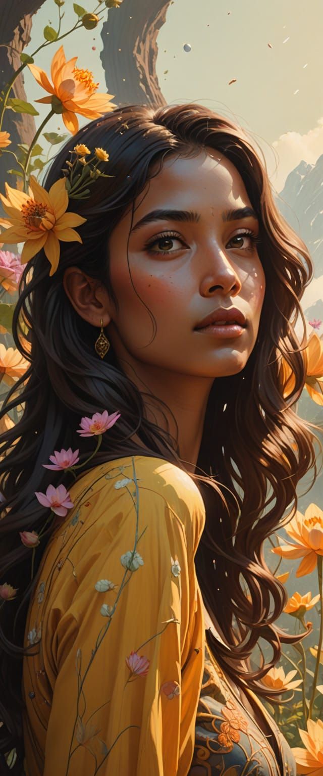 Cosmic Goddess in Silk, Amidst Rainbow and Nebula