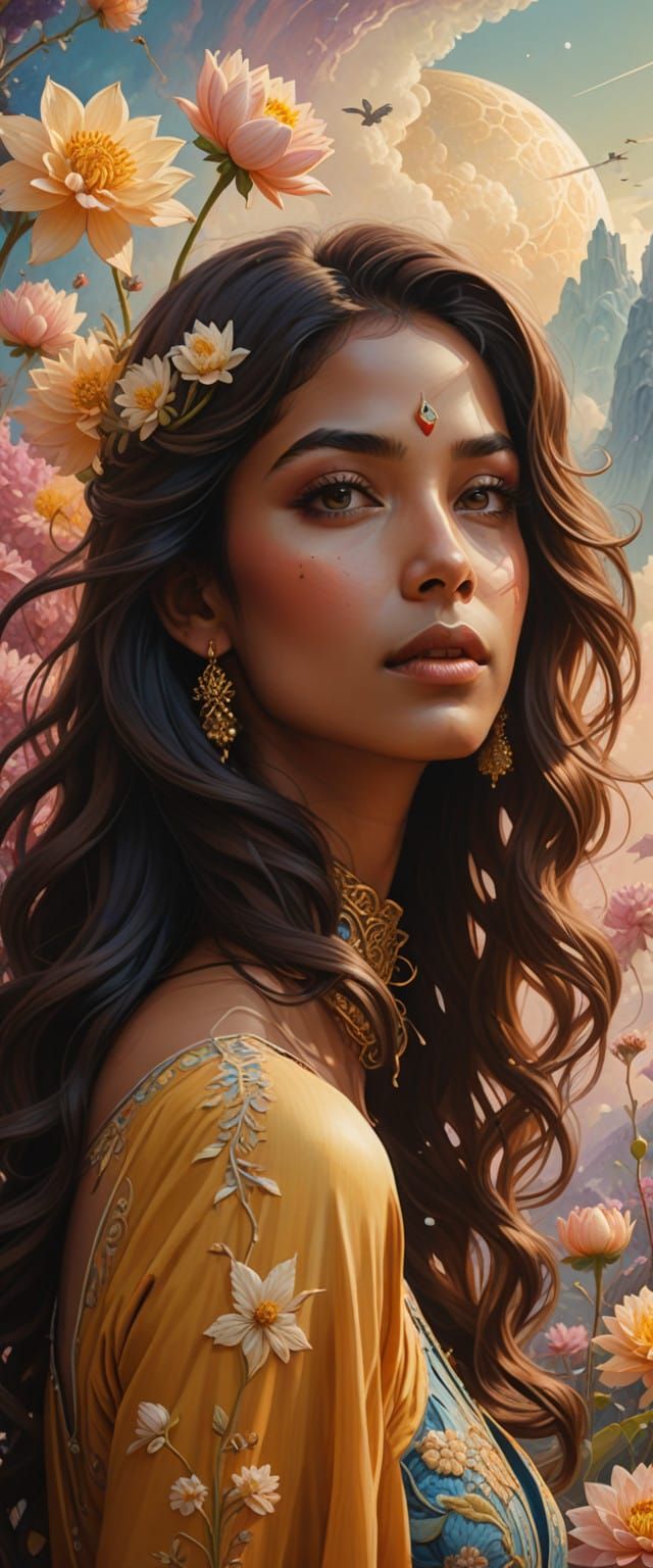 Indian Woman in Cosmic Rainbows and Blooming Florals, in Art...