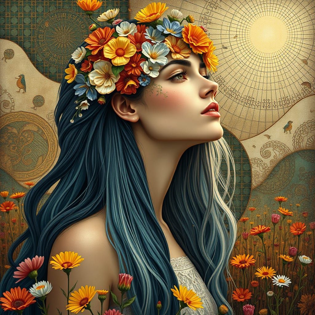Surreal Woman Portrait with Flowers, Dreamlike Art