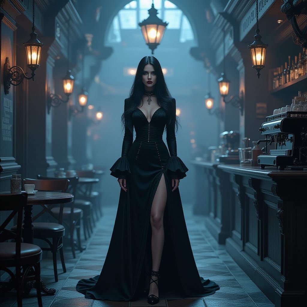 Goth Model in Foggy Coffee Shop, Biomechanical Surrealism