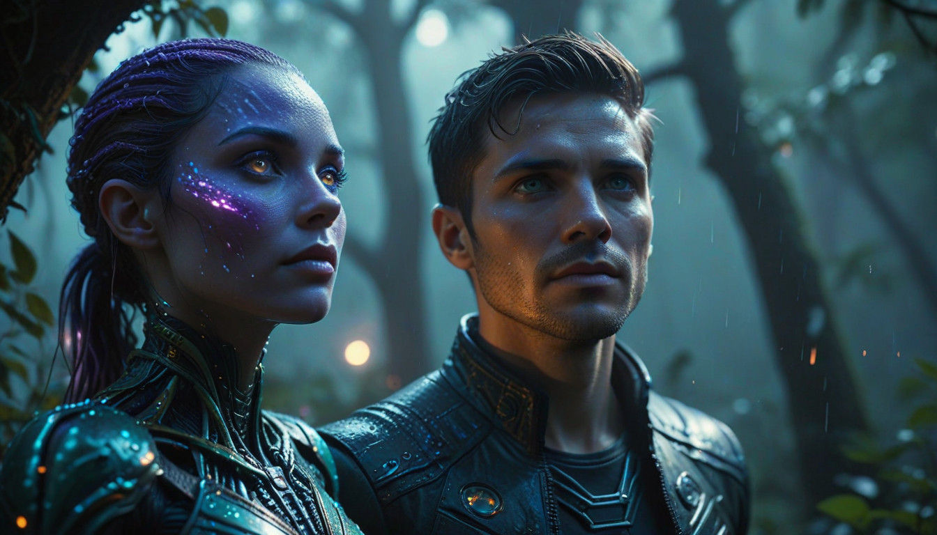 Surreal Dusk Encounter in a Rainy Mystic Forest