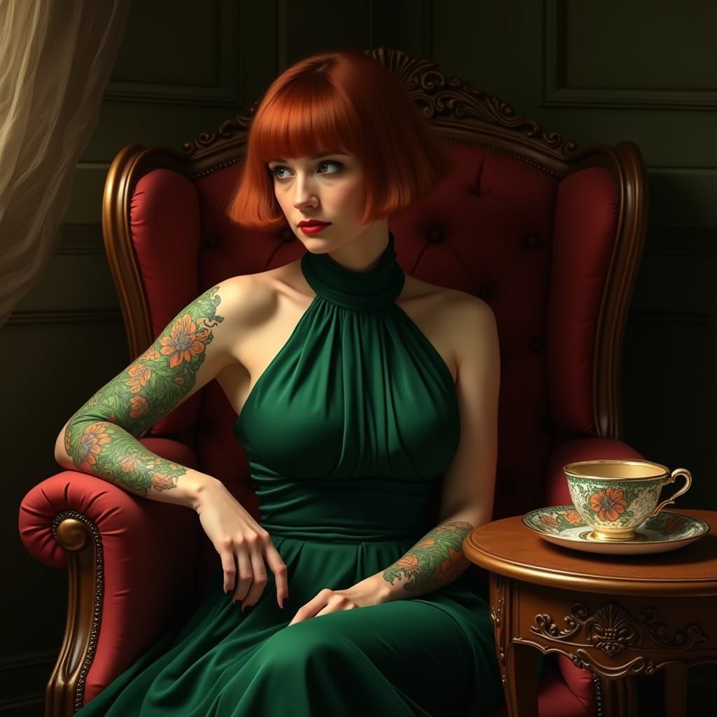 Victorian Lady's Impatient Tea Time in Shadowed Parlor