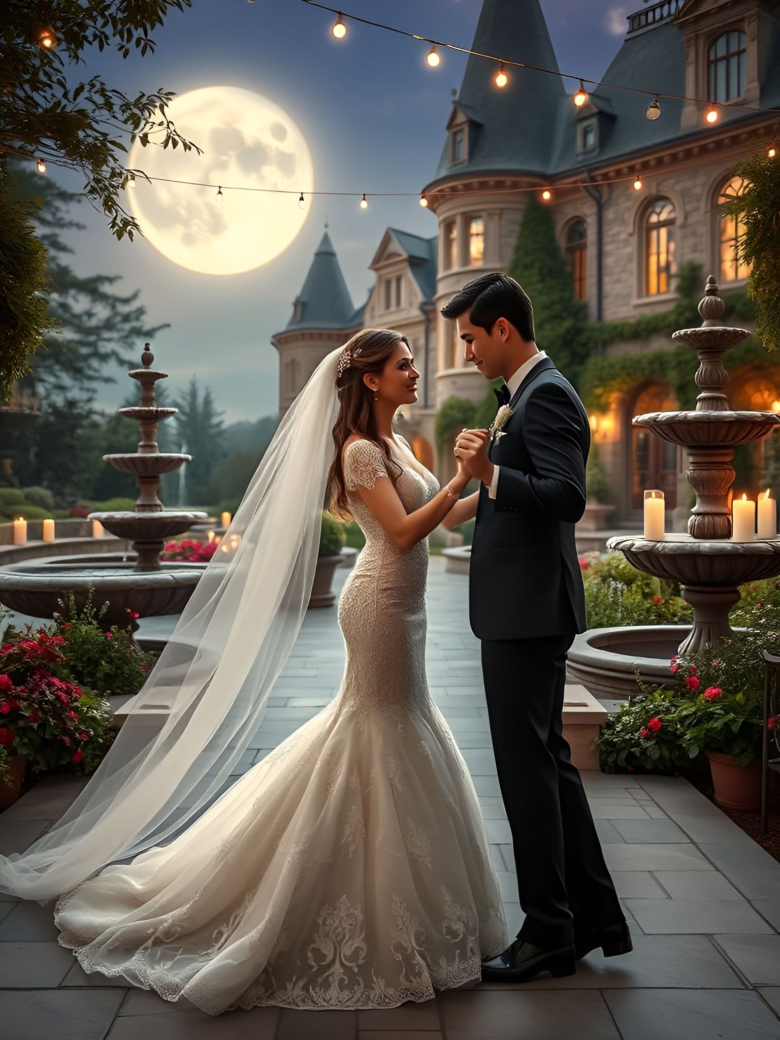 Ethereal Newlywed Couple Dance Under Moonlit Castle