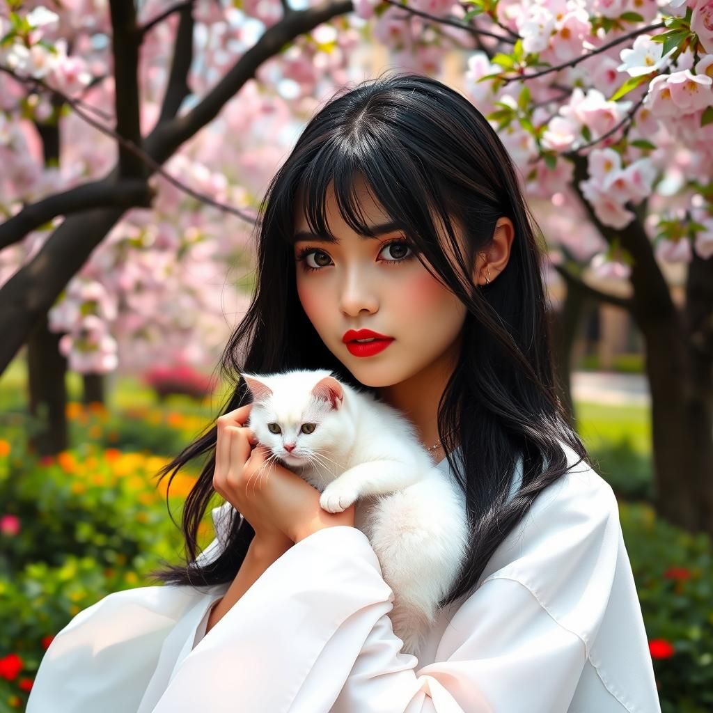 Elegant Japanese Woman with Cat in Sakura Garden