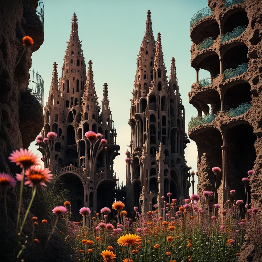 Sci-Fi Metropolis with Gaudi Architecture and Flowers