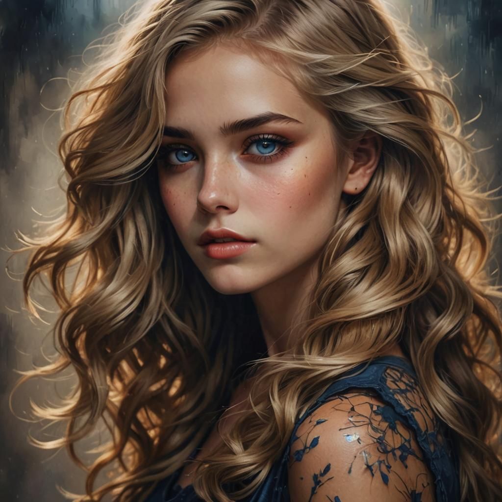 Blonde Girl with Blue Eyes and Dark Skin