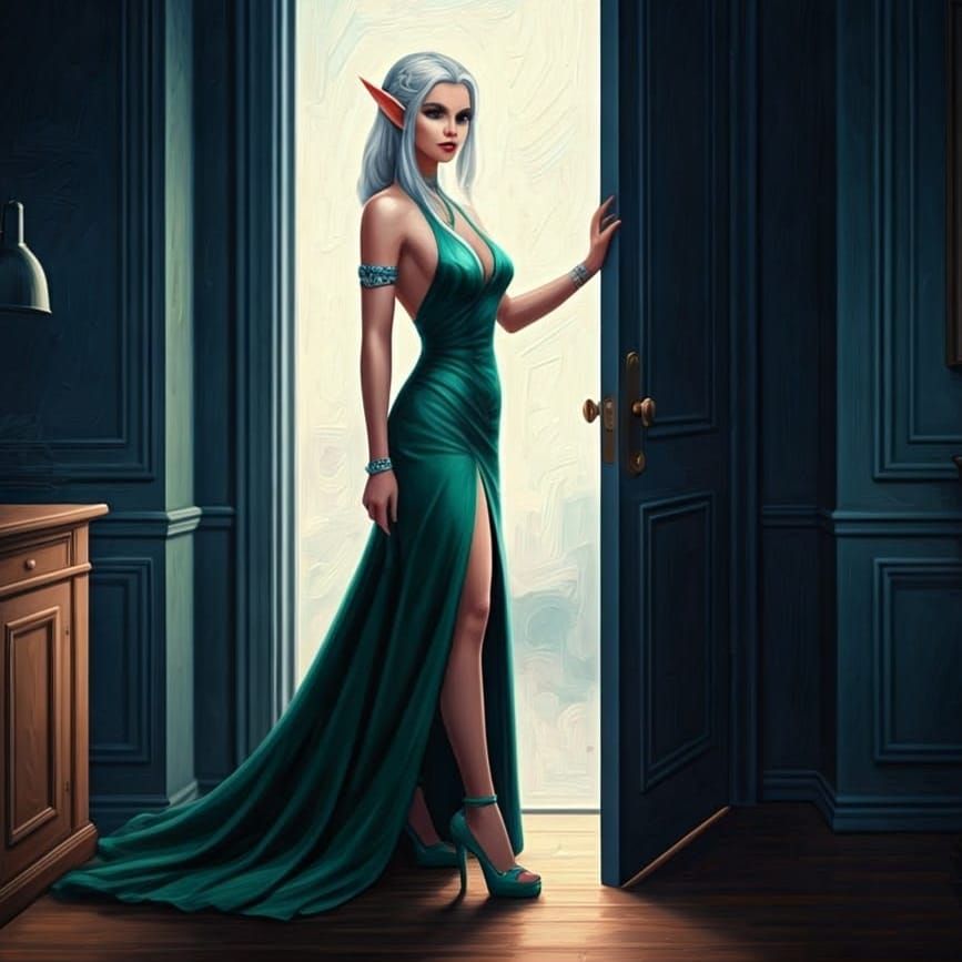 Elegant Elf in Green Gown: Impressionistic Oil Painting