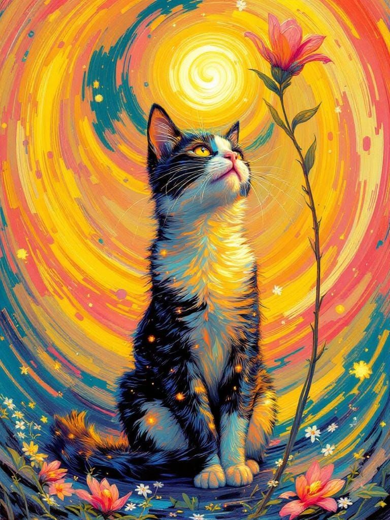 Cat Under Flower in Retro-Cyberpunk Style