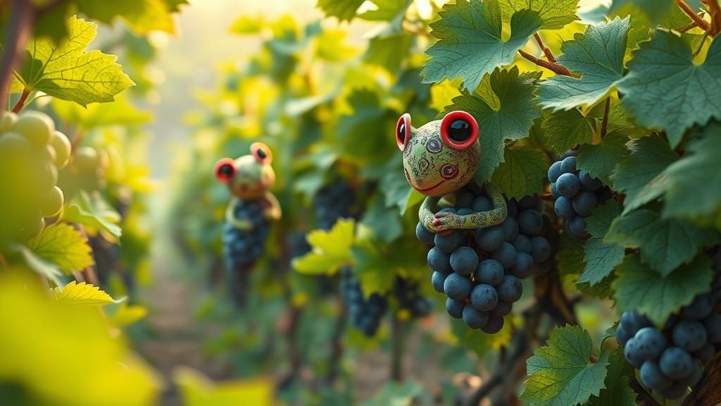 Whimsical Grape Creatures in Lush Vineyard Landscape