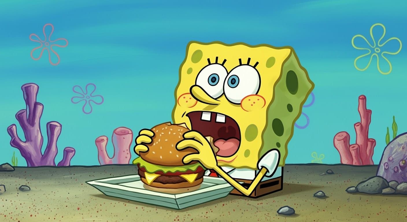 Spongebob Devouring Krabby Patty in Cartoon Style