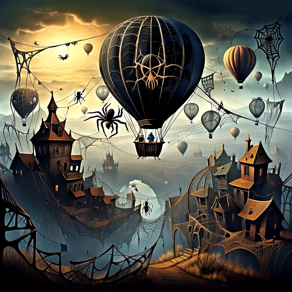 Surreal Spiderweb Hot Air Balloon in Dark Landscape