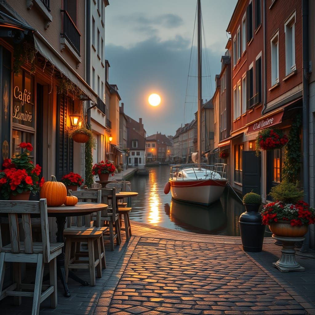 Dusk Canal Cafe with Moonlit Sailboat and Warm Lights