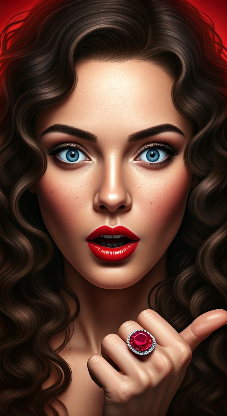 Astonished Woman Gazing at Ruby Ring: Photorealistic Art