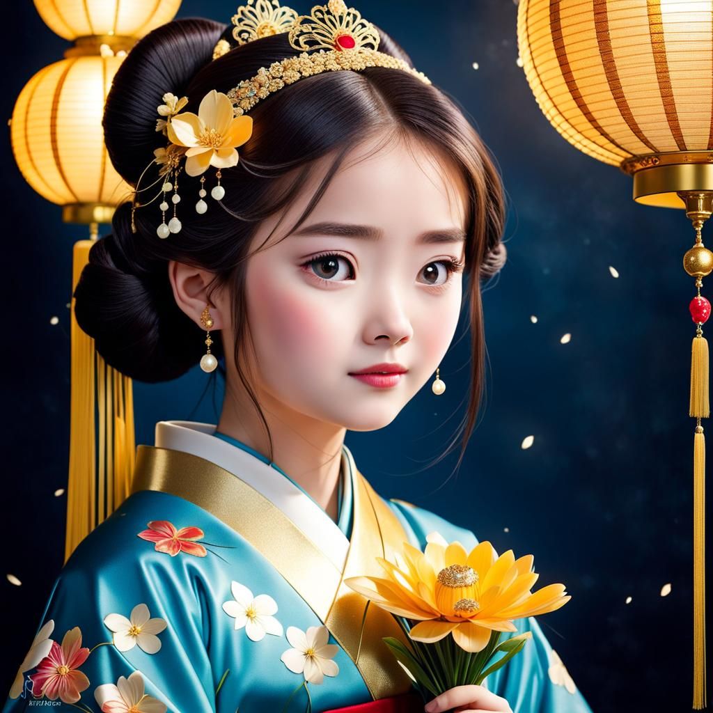 Beautiful Girl in Royal Japanese Costume Lighting Lamp