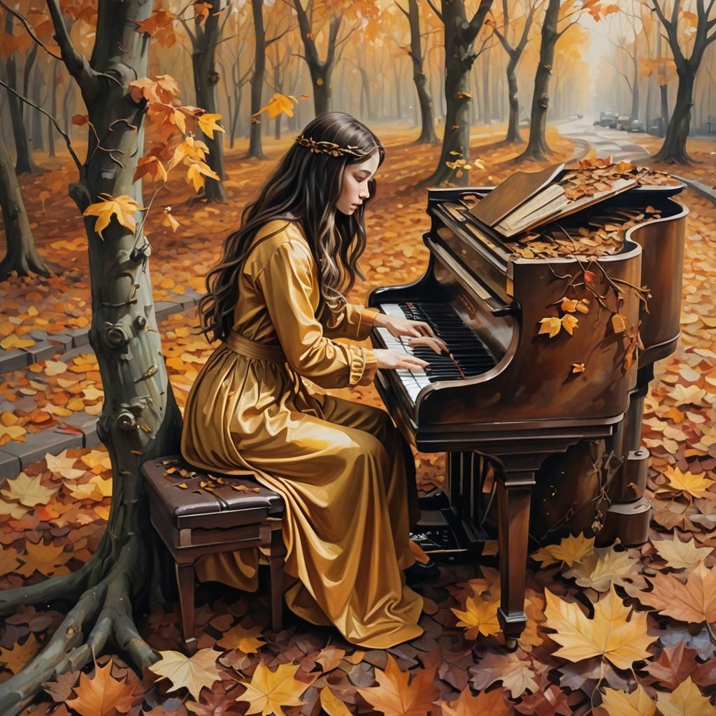 giantess playing a piano made of Earth,  in autumn