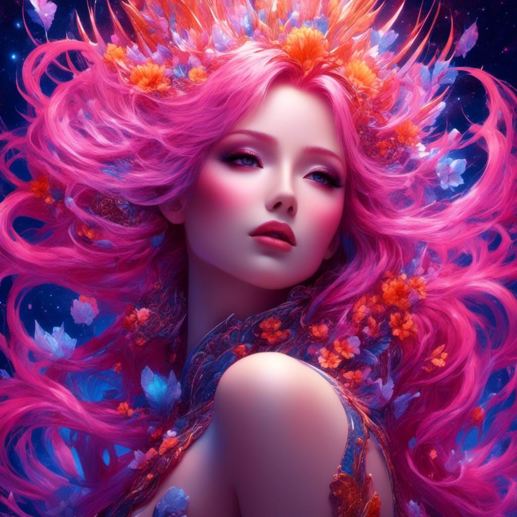 Nebula Mermaid with Neon Flowers